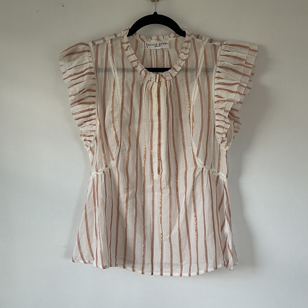Apiece Apart Cream and Tan Ruffle Sleeve Blouse